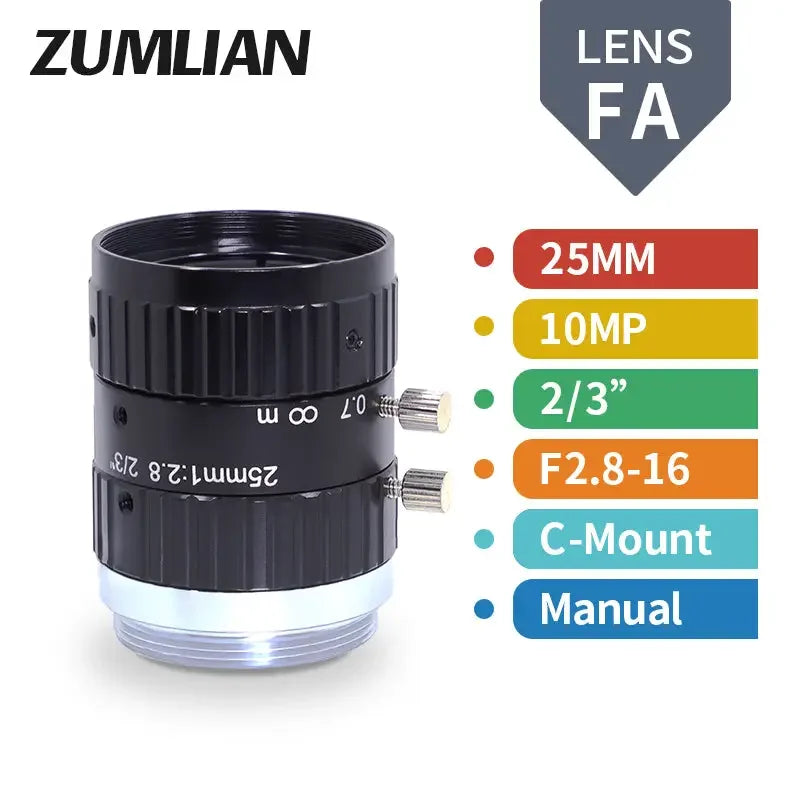 PHONEFIX 10MP 8mm-50mm manual C-mount FA prime lens for machine vision, featuring F2.8-16 aperture and versatile zoom range.