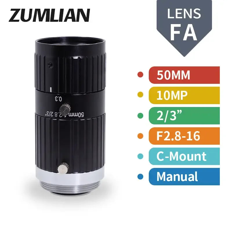 PhoneFIX 10MP 8mm-50mm manual C-mount FA prime lens for machine vision, featuring F2.8-16 aperture and versatile zoom range.
