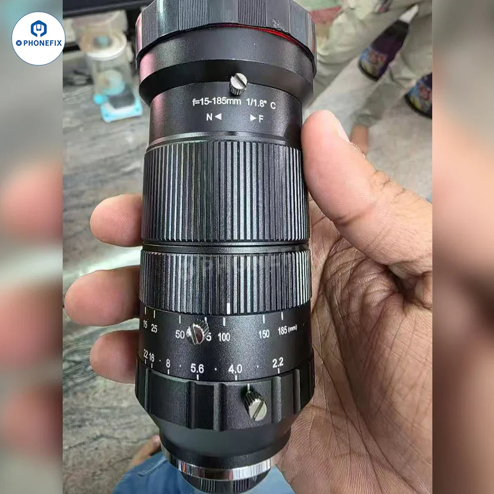 PHONEFIX 15-185mm C-Mount CS industrial lens for machine vision, used in online live streaming and industrial imaging.