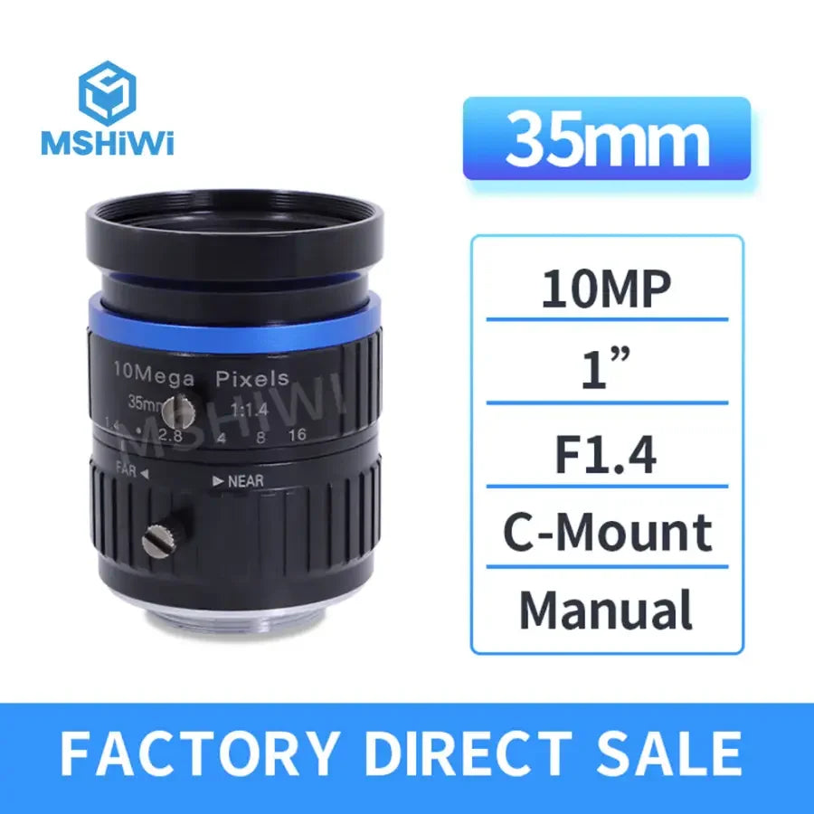 PHONEFIX 10MP C-mount 35mm F1.4 manual iris industrial camera lens for machine vision applications.
