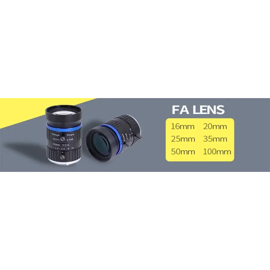 10MP C-mount 35mm F1.4 manual iris industrial camera lens for machine vision by PHONEFIX, showing lens with focus and aperture controls.