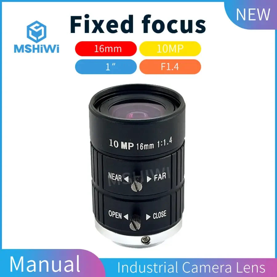 PHONEFIX 10MP F1.4 manual iris 1" lens with 16mm fixed focus, ideal for machine vision cameras and high-resolution imaging.