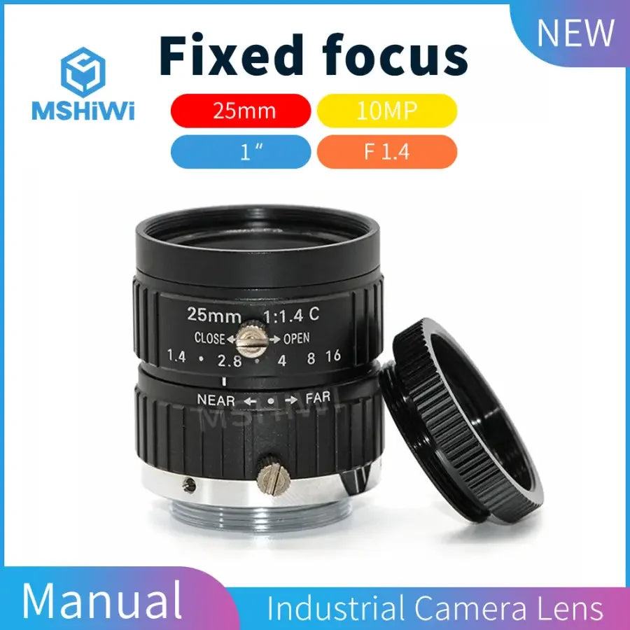 10MP F1.4 manual iris 2/3" 25mm prime machine vision lens by PHONEFIX, shown with lens details on a neutral background.
