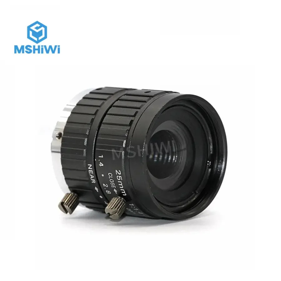 10MP F1.4 manual iris 25mm prime machine vision lens by PHONEFIX, showing the lens with focus ring and compact 2/3" format design.