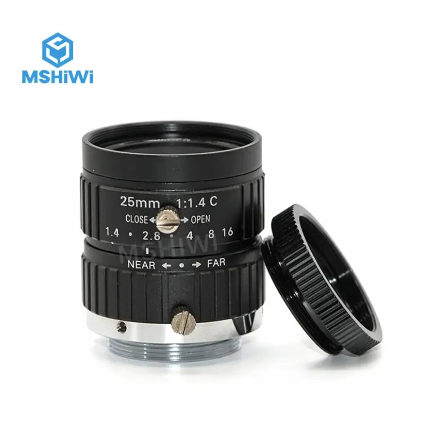 PHONEFIX 10MP F1.4 manual iris 2/3" format 25mm prime machine vision lens with detailed optics and metal mounting ring.