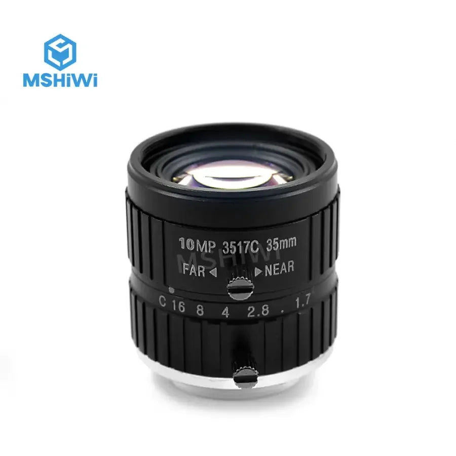 Phonefix 10MP F1.7 manual iris 1" 35mm prime machine vision lens for industrial inspection, showing lens with focus and aperture controls.