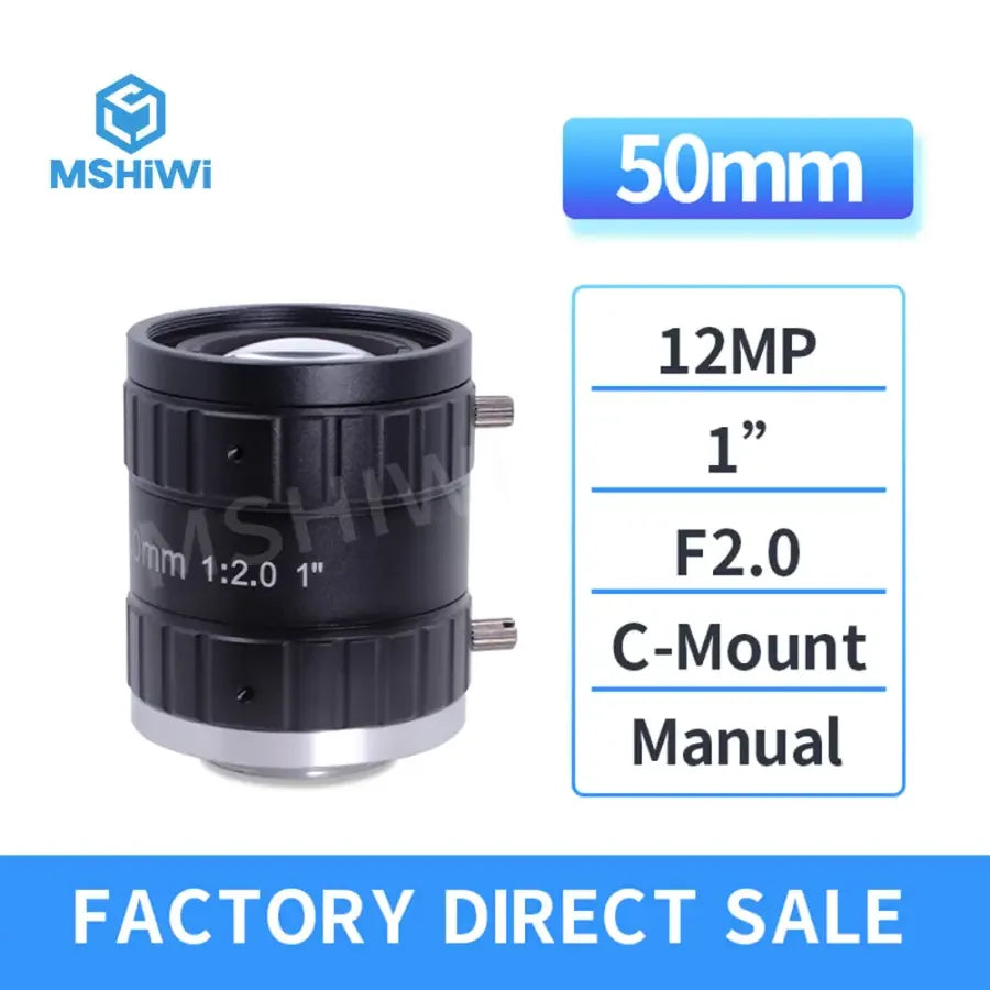 PHONEFIX 12MP C-mount 50mm prime machine vision lens with 1" F2.0 aperture, designed for ITS cameras.