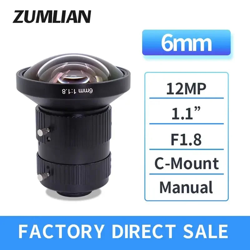 PHONEFIX 12MP C Mount 6mm F1.8 FA Eyefish Prime Lens for machine vision inspection, shown with lens details and mounting features.
