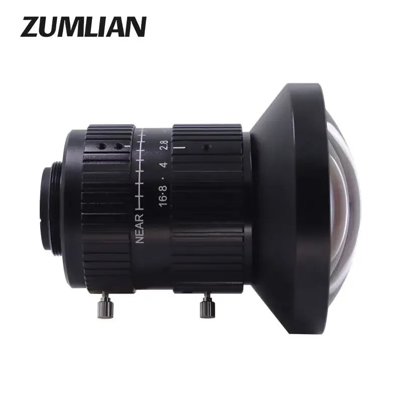 PhoneFIX 12MP C-mount 6mm F1.8 FA Eyefish prime lens for machine vision inspection, showing the lens mounted on a camera.