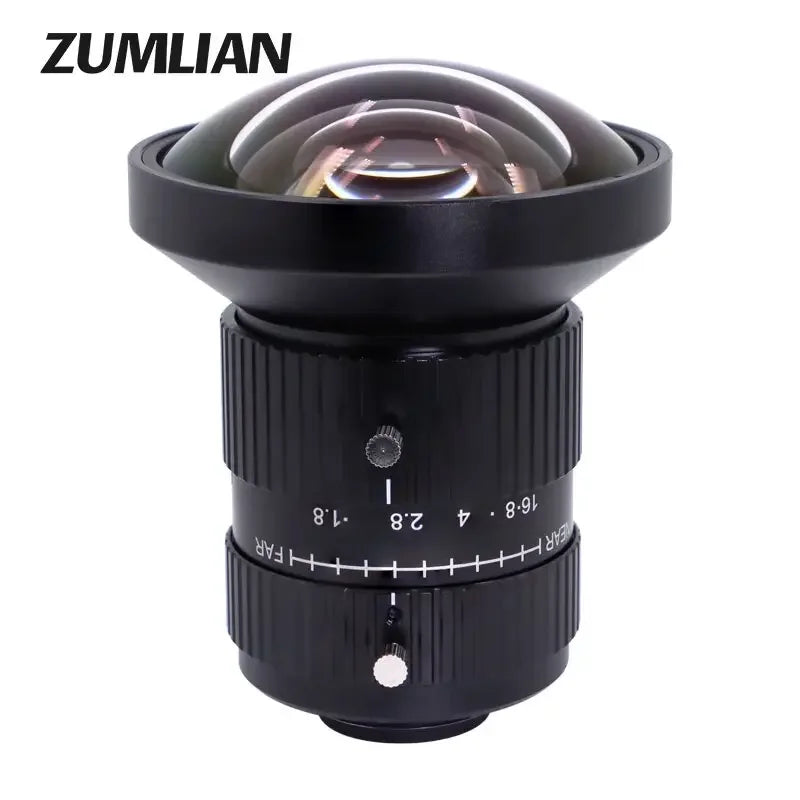 PHONEFIX 12MP C-mount 6mm F1.8 FA Eyefish Prime Lens for machine vision inspection, showing lens with C-mount connection and wide-angle glass