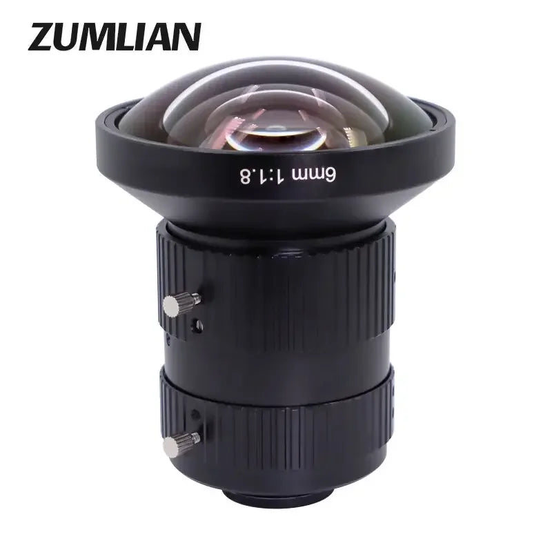 PhoneFix 12MP C Mount 6mm F1.8 FA Eyefish Prime Lens for machine vision inspection, showing lens with mount and focus details.