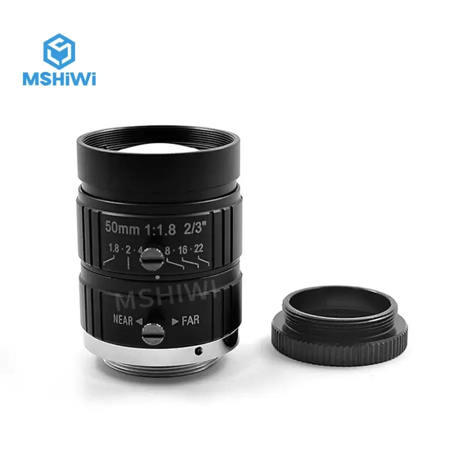 PHONEFIX 2/3" 50mm F1.8 fixed-focus industrial camera lens with manual iris, ideal for machine vision and high-resolution imaging.
