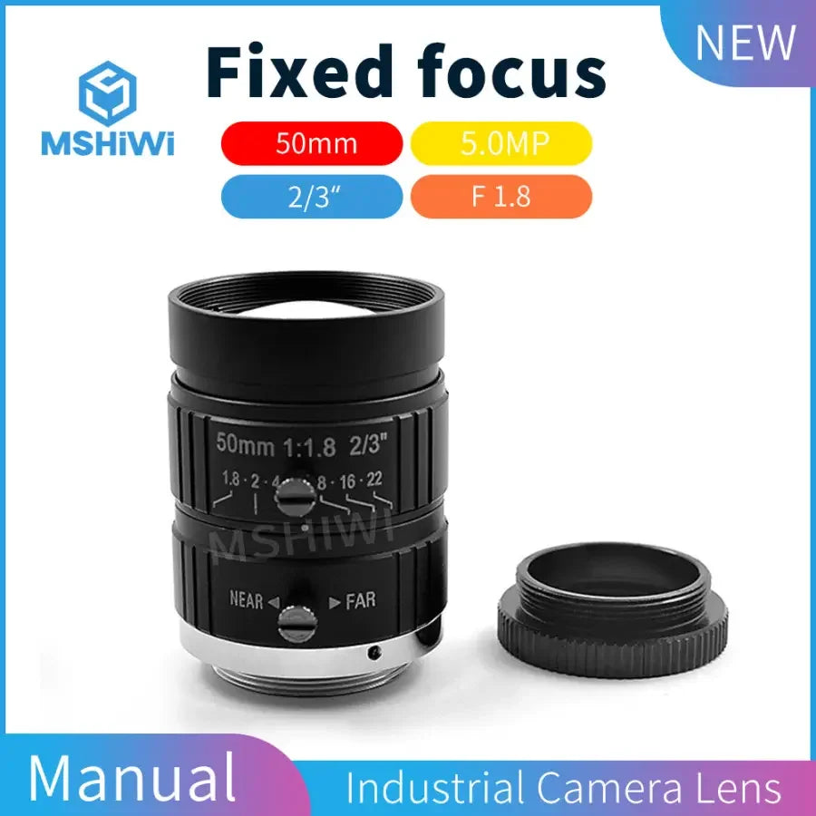 PhoneFIX 2/3" 50mm F1.8 fixed-focus machine vision lens with manual iris for industrial 5MP camera applications.