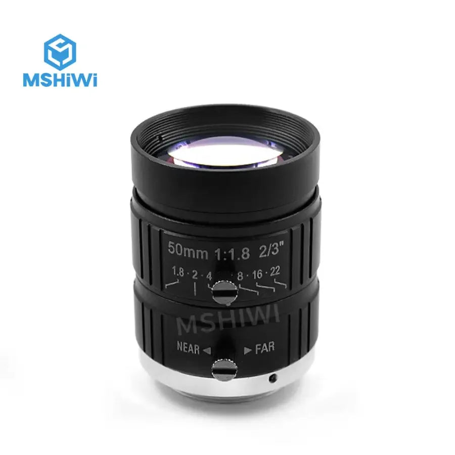 PhoneFIX 2/3" 50mm F1.8 fixed focus machine vision lens with manual iris for industrial cameras, 5MP resolution, black metal body.