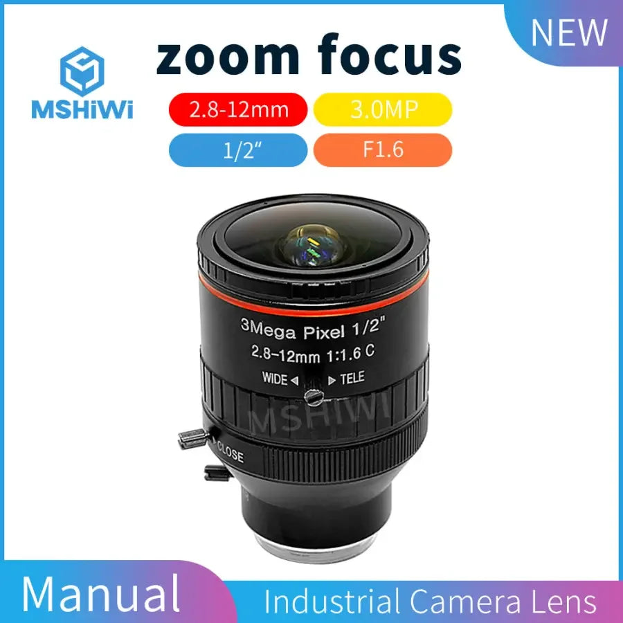 PHONEFIX 2.8-12mm zoom lens for machine vision, 3MP F1.6 C interface, 1/2" sensor, used for visual inspection applications.