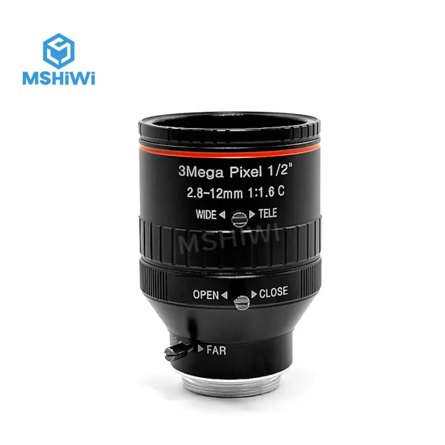 PHONEFIX 2.8-12mm zoom machine vision lens, 3MP F1.6 C interface, for visual inspection with adjustable focus.