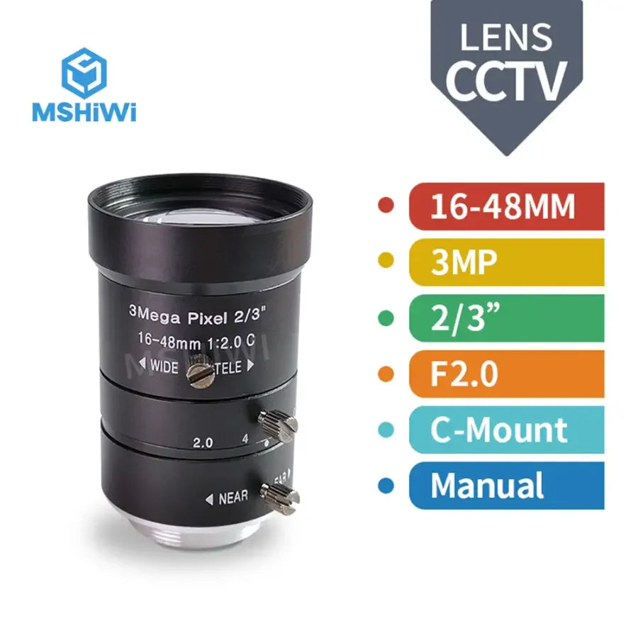 PhoneFix 3.0MP machine vision lens with 16-48mm focal length, 2/3" sensor, F2.0 manual focus for industrial inspection.