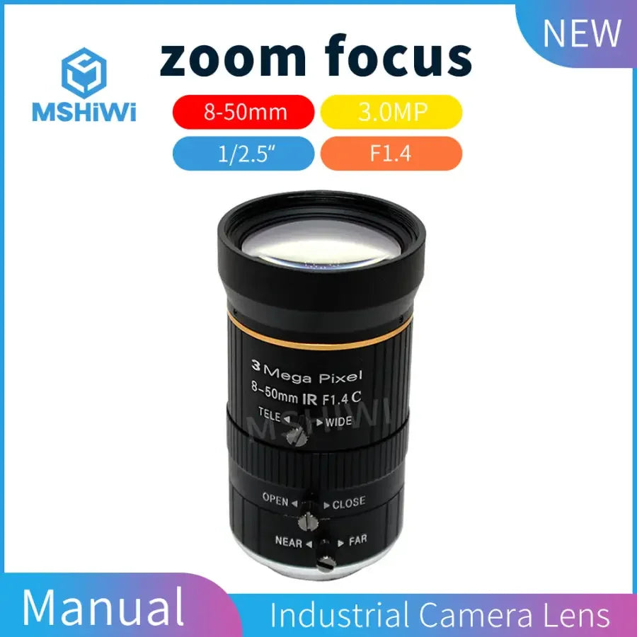 3M F1.4 manual iris 8-50mm varifocal machine vision lens by PHONEFIX, showing adjustable focus and aperture for precise imaging.