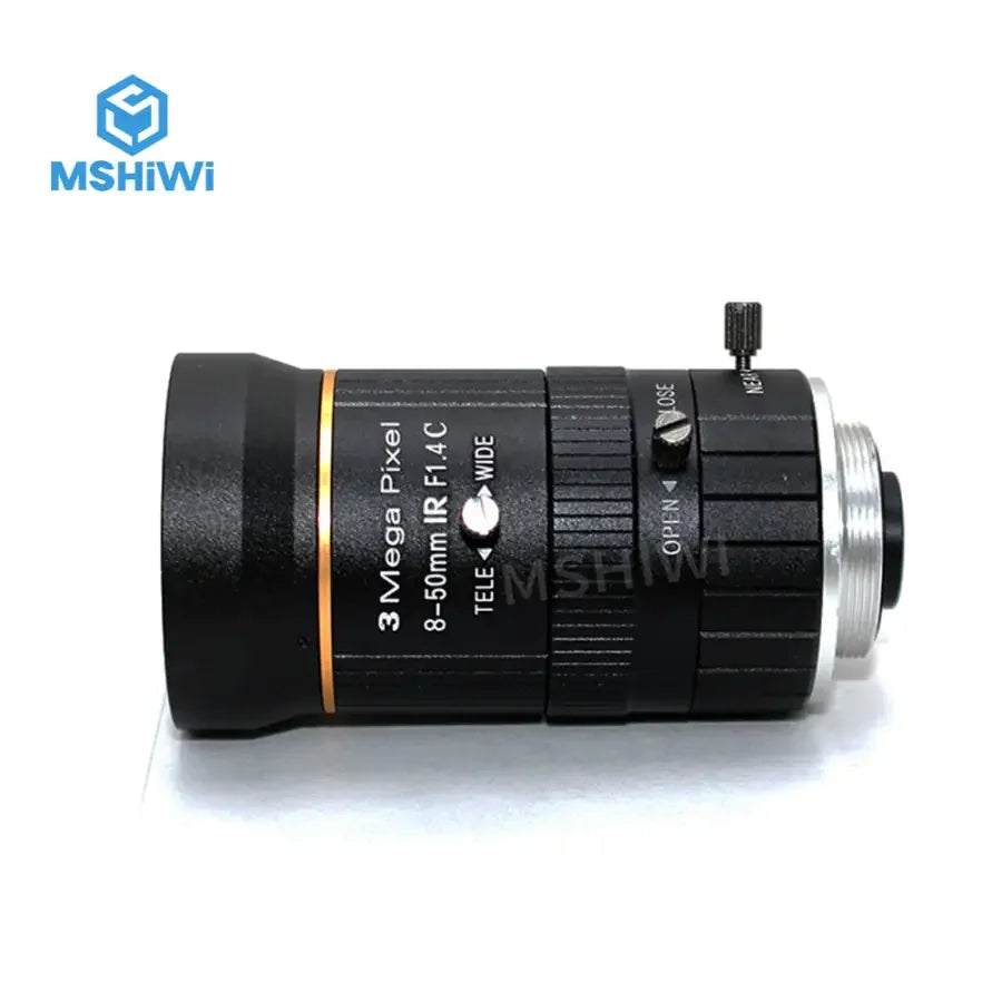 3M F1.4 Manual Iris 8-50mm varifocal machine vision lens by PHONEFIX, showing lens with adjustable focus and aperture.