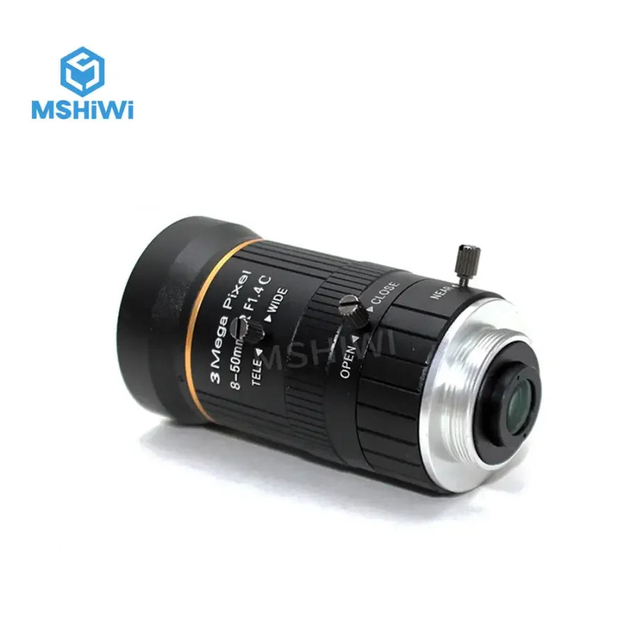 3M F1.4 Manual Iris 8-50mm varifocal machine vision lens by PHONEFIX, showing the lens with adjustable focus and aperture.