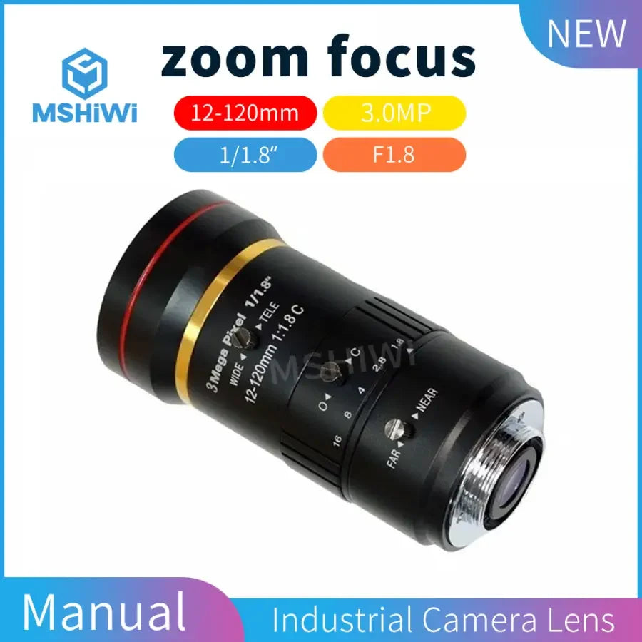 PHONEFIX 3MP industrial camera lens with 12-120mm zoom, F1.8 manual iris for machine vision applications.