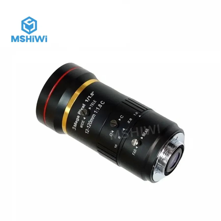 PHONEFIX 3MP industrial camera lens with 12-120mm zoom, F1.8 aperture, manual iris, designed for machine vision applications.