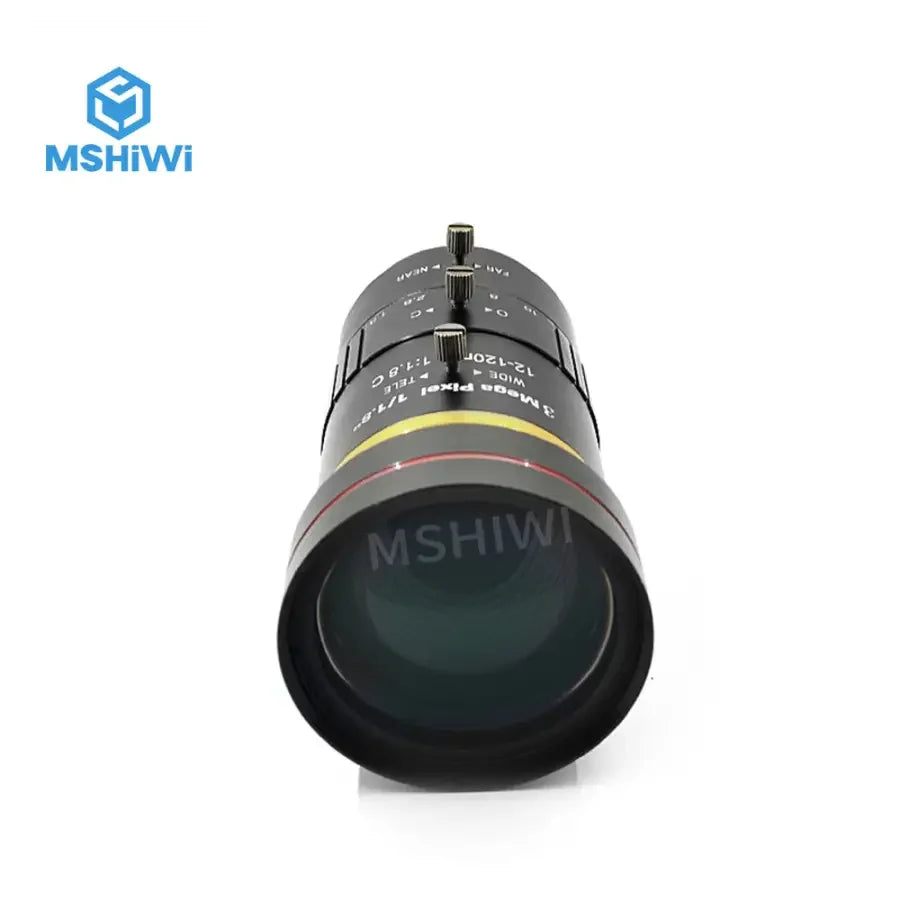 PHONEFIX 3MP 12-120mm zoom machine vision lens with F1.8 aperture and manual iris for industrial camera applications.