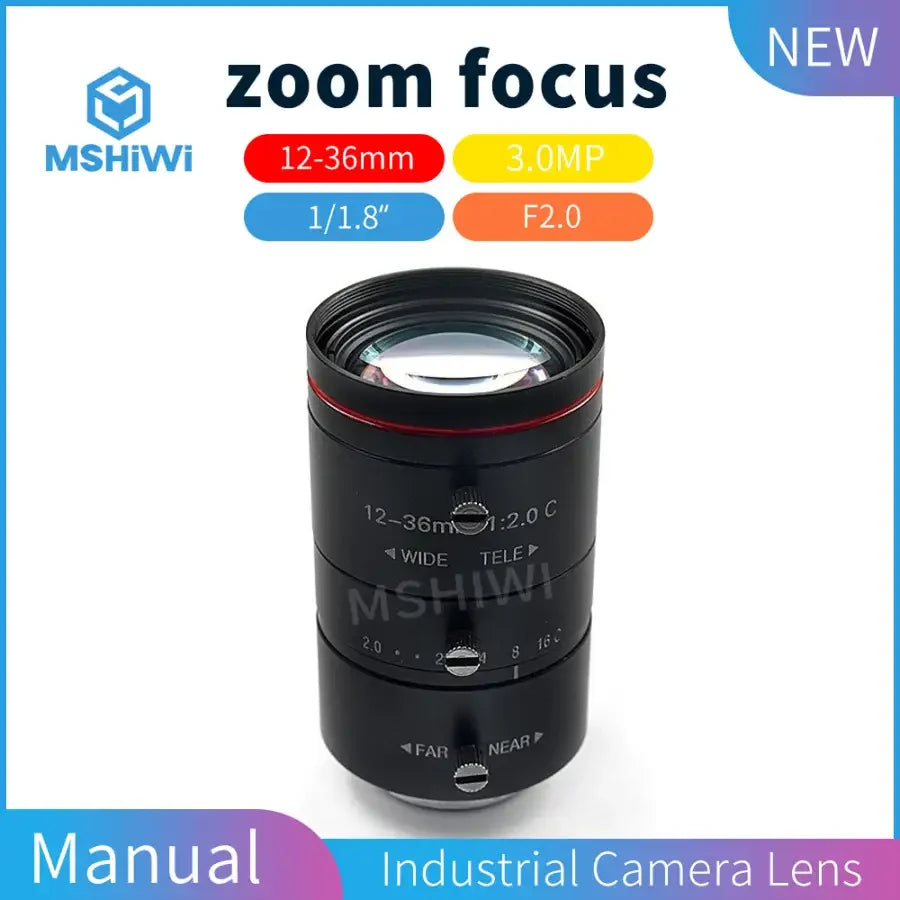 PHONEFIX 3MP 12-36mm F2 C-mount machine vision lens with adjustable FOV from 33.67° to 11.22°, suitable for high-resolution imaging.