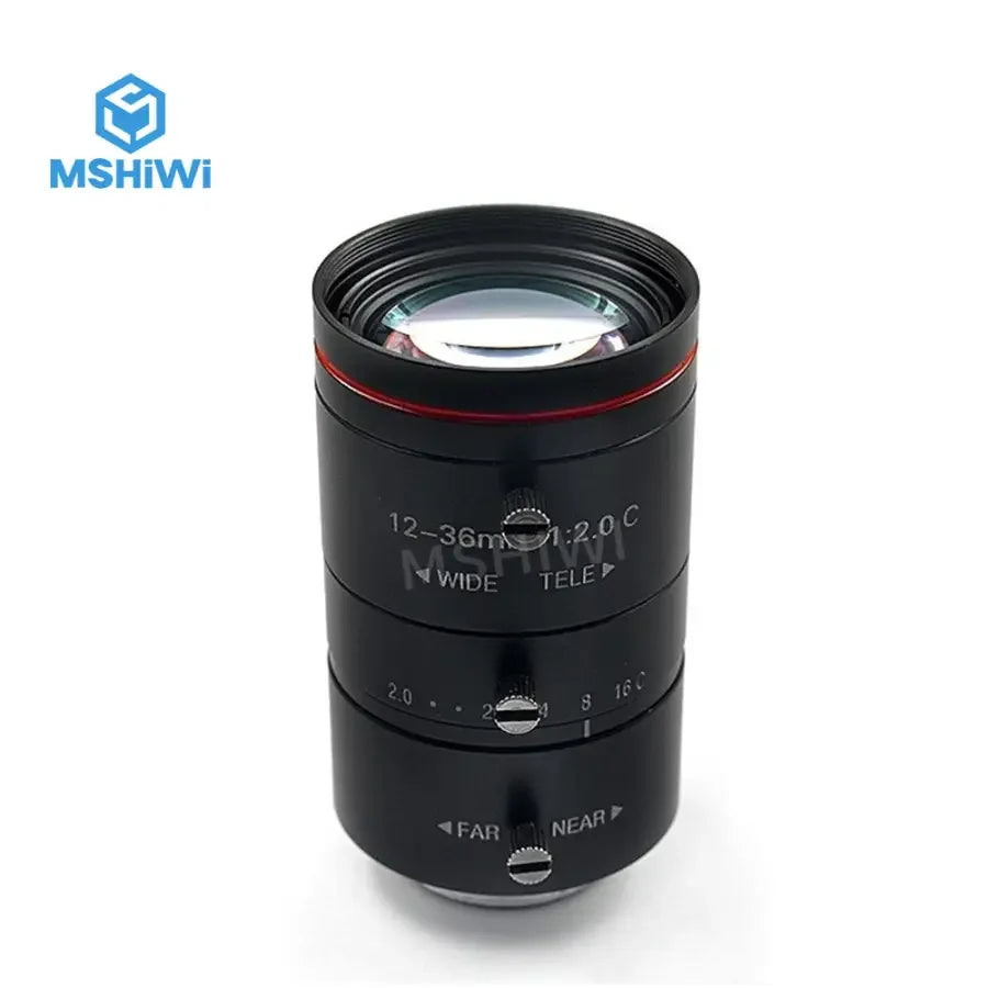 PHONEFIX 3MP 12-36mm prime lens with F2 aperture, C Mount, adjustable FOV, designed for machine vision applications.