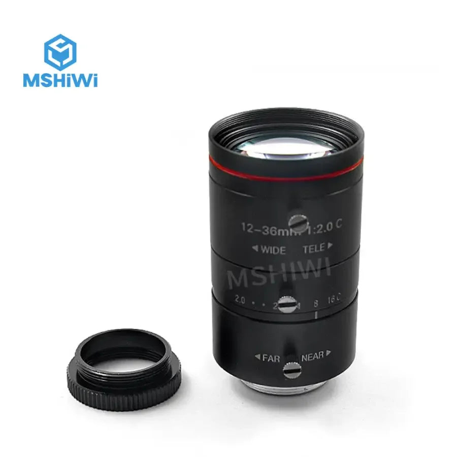 PHONEFIX 3MP 12-36mm prime C-mount lens for machine vision, with F2 aperture and 33.67-11.22° FOV, 1/1.8" sensor.