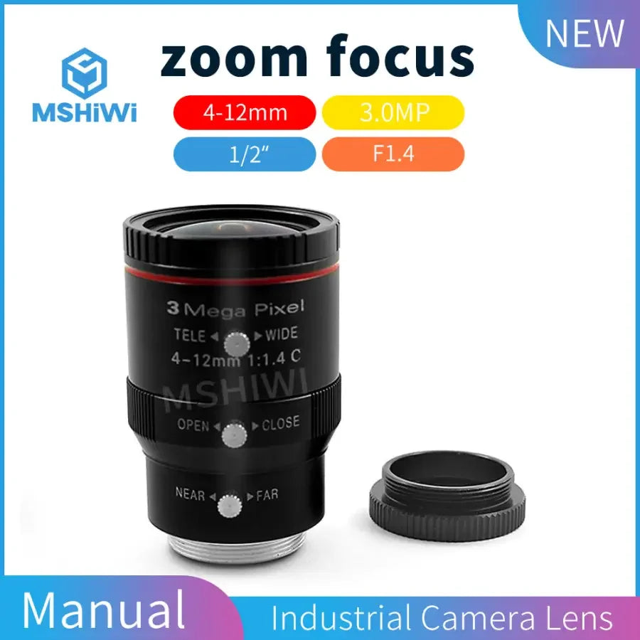 PHONEFIX 3MP 4-12mm varifocal industrial machine vision lens with F1.4 aperture and manual iris for CCTV and surveillance.