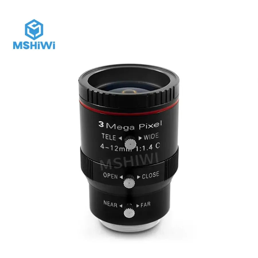 PhoneFIX 3MP industrial varifocal CCTV lens with 4-12mm focal length, F1.4 aperture, manual iris, designed for machine vision.