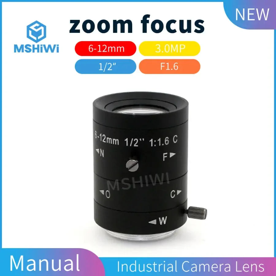 PHONEFIX 3MP 6-12mm varifocal machine vision lens with F1.6 aperture and C-mount for 1/1.2" sensors, shown in detailed view.