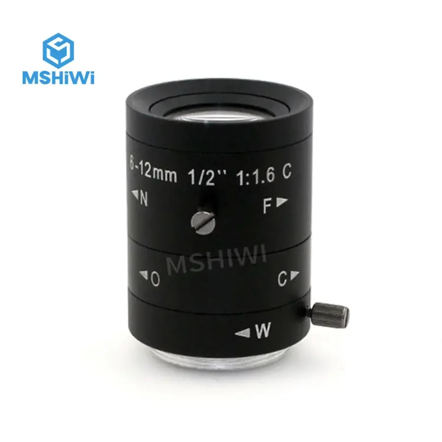 PHONEFIX 3MP 6-12mm varifocal machine vision lens with F1.6 aperture and C-mount for 1/1.2" sensors, shown in the image.