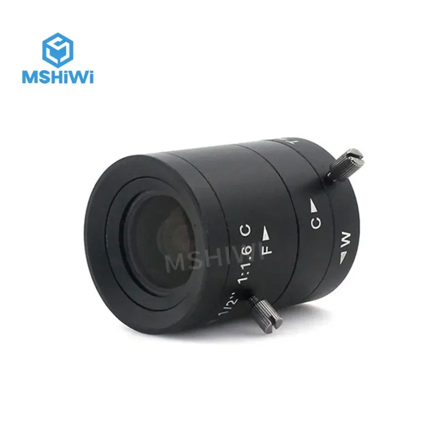 PHONEFIX 3MP machine vision lens with 6-12mm varifocal C-mount, F1.6 aperture for 1/1.2" sensors.