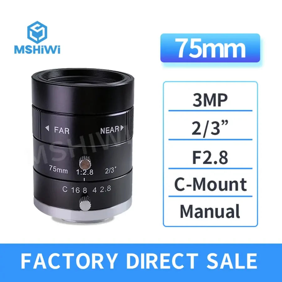PHONEFIX 3MP 75mm manual iris C-mount industrial lens with F2.8 aperture for machine vision applications
