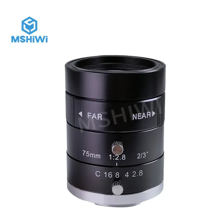 PHONEFIX 3MP 75mm C-mount industrial machine vision lens with manual iris and F2.8 aperture, suitable for precise imaging applications.
