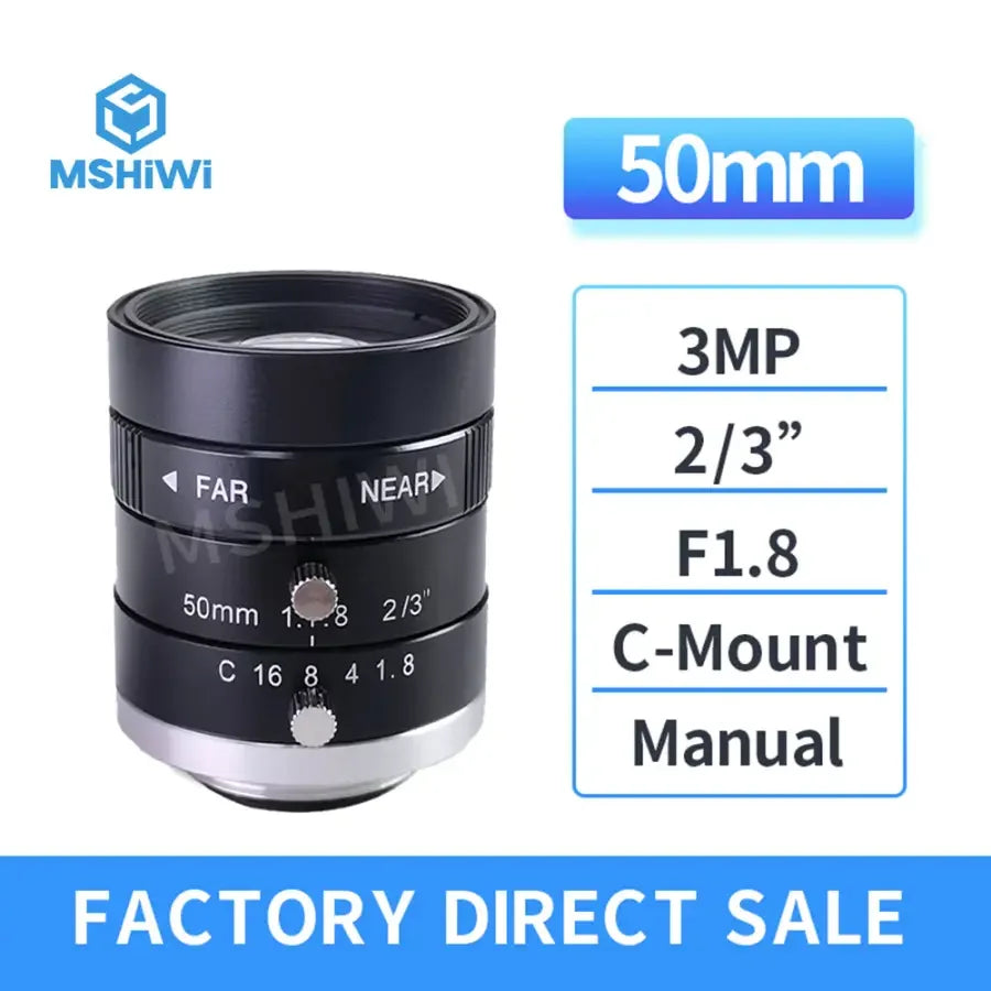 PHONEFIX 3MP C-mount 50mm prime machine vision lens with F1.8 manual iris for 2/3" sensors, ideal for industrial imaging applications.