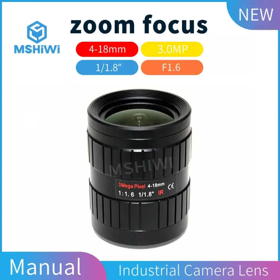 PHONEFIX 3MP varifocal industrial machine vision lens with 4-18mm focal length, 1/1.8 inch sensor, F1.6, C-mount, for precise imaging.