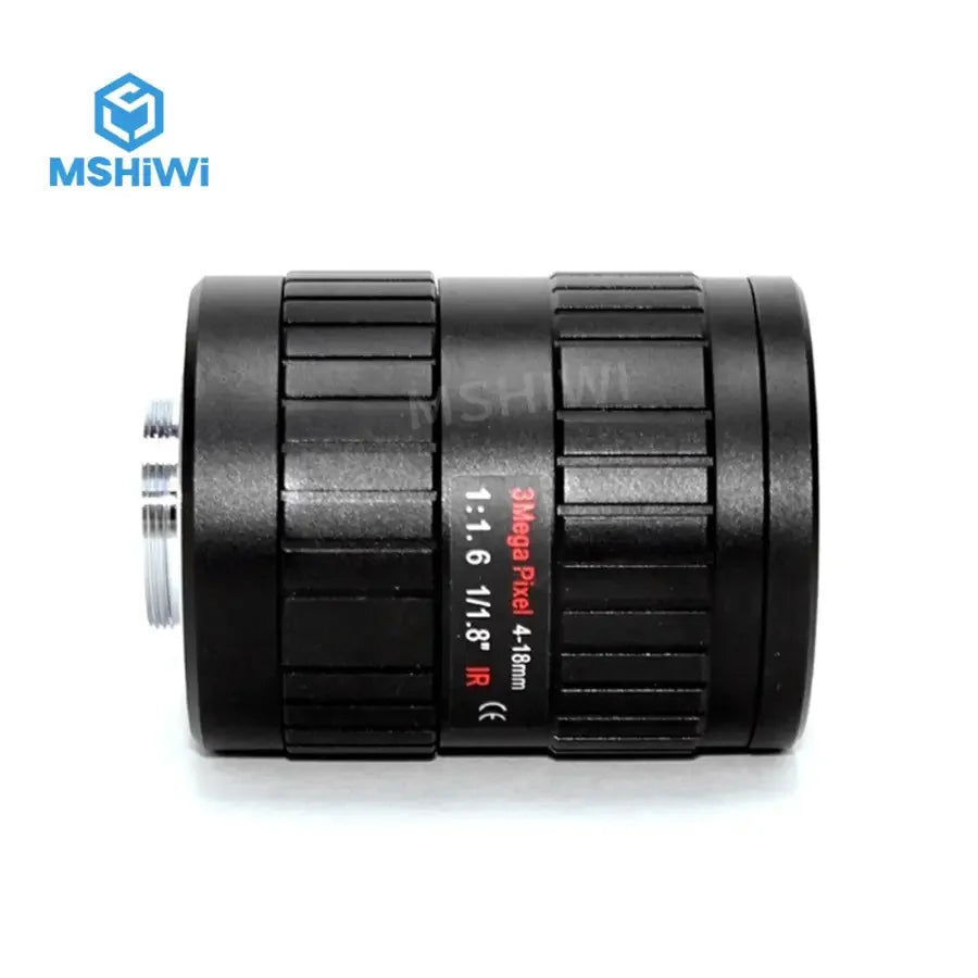 PHONEFIX 3MP varifocal industrial machine vision lens with 4-18mm C-mount, F1.6 aperture, 1/1.8 inch sensor.