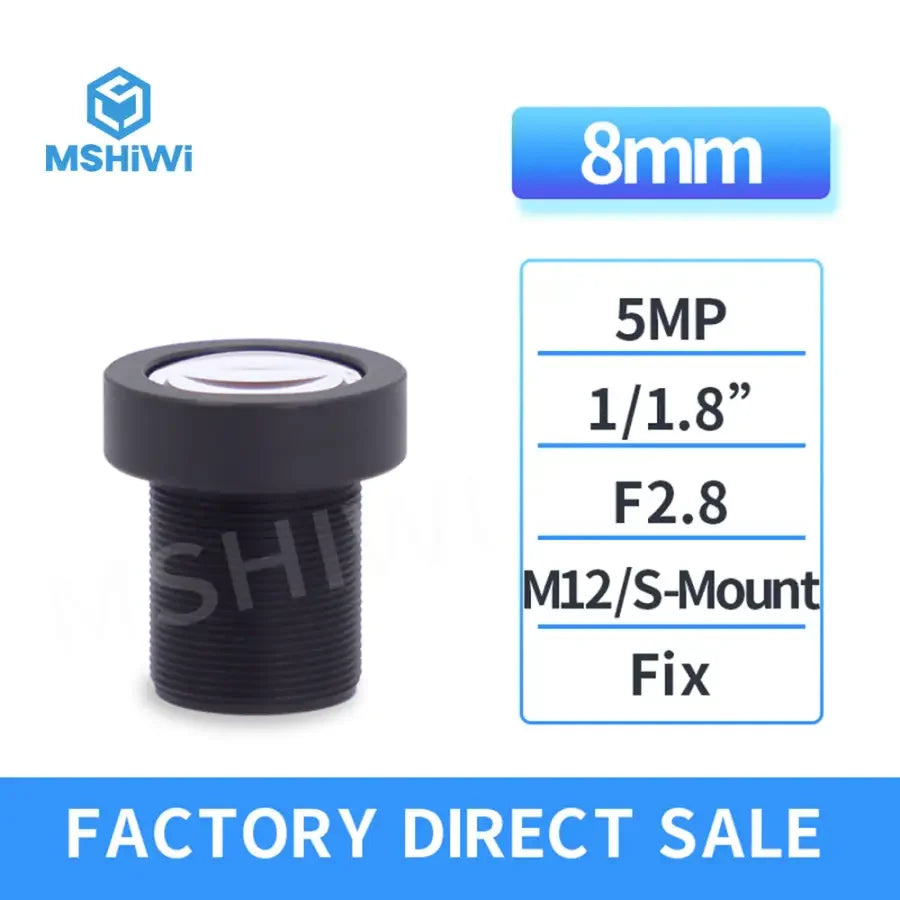 PHONEFIX 5.0MP 1/1.8" ITS camera with F2.8 8mm prime lens, M12/S-mount, for machine vision applications.