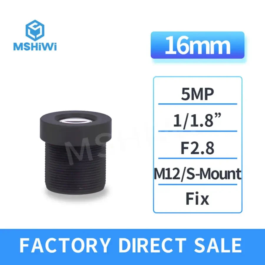PHONEFIX 5.0MP 16mm M12/S-mount F2.8 machine vision prime lens mounted on camera, showcasing detailed optical design.