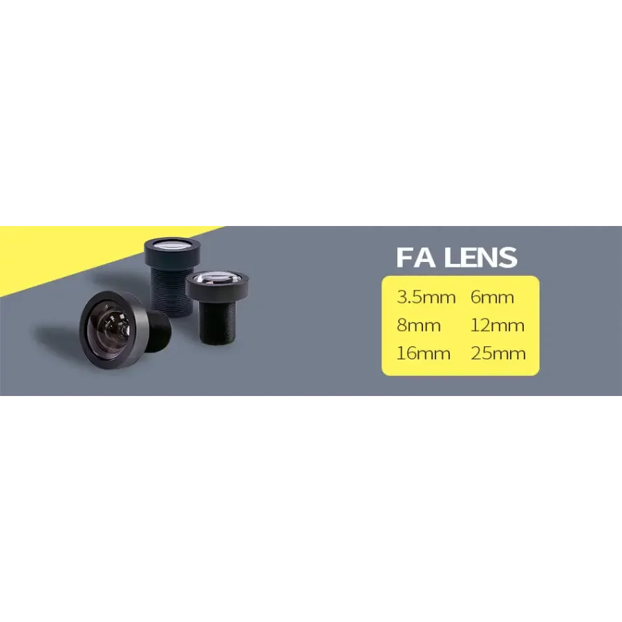 PHONEFIX 5.0MP 16mm M12/S-mount F2.8 prime lens for machine vision, showing the lens with mounting details and focus ring.