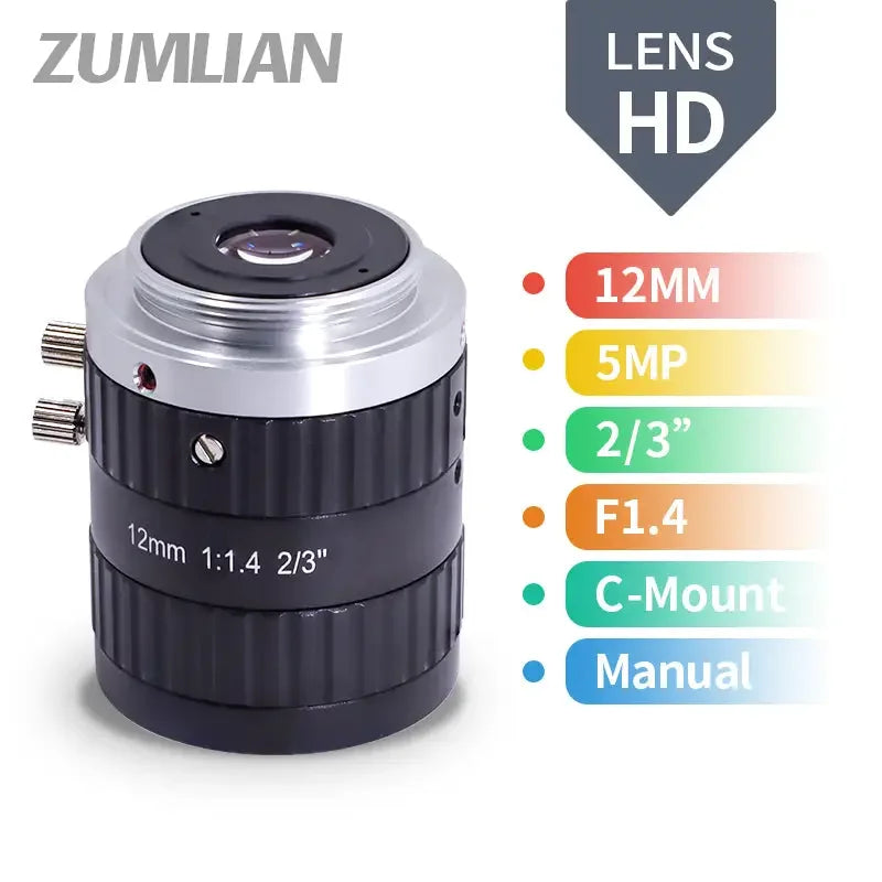 Objectif PHONEFIX 5.0MP à monture C pour caméras de vidéosurveillance, focale de 12 mm, objectif fixe F1.4 pour caméras de vision industrielle, compatible avec les capteurs 2/3".