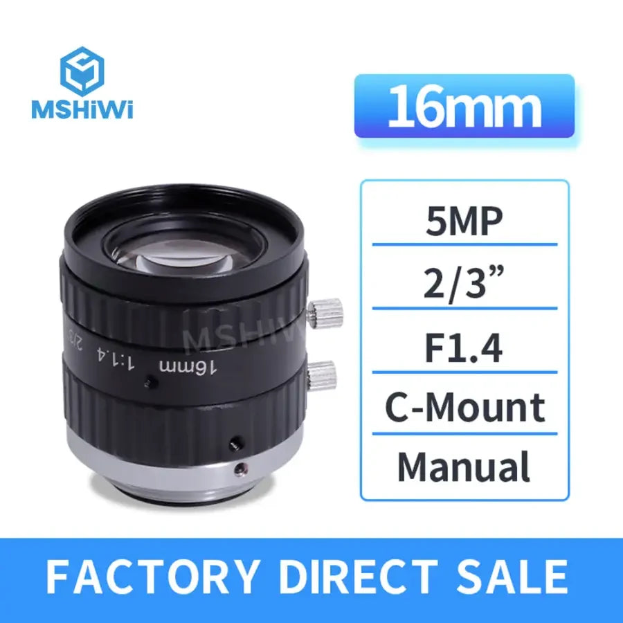 PHONEFIX 5.0MP C-mount 16mm F1.4 low distortion machine vision lens for visual identity applications, with metal mount and focusing ring.