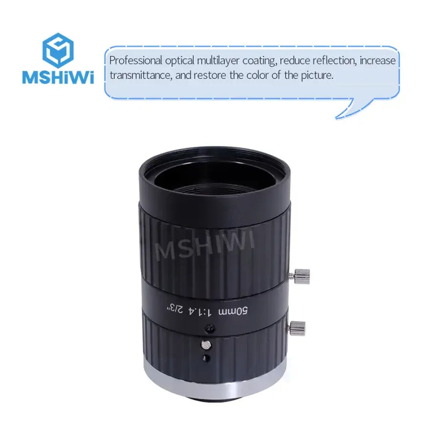 PHONEFIX 5.0MP C-mount 50mm machine vision lens with manual iris, F1.4 aperture for 2/3" format imaging.