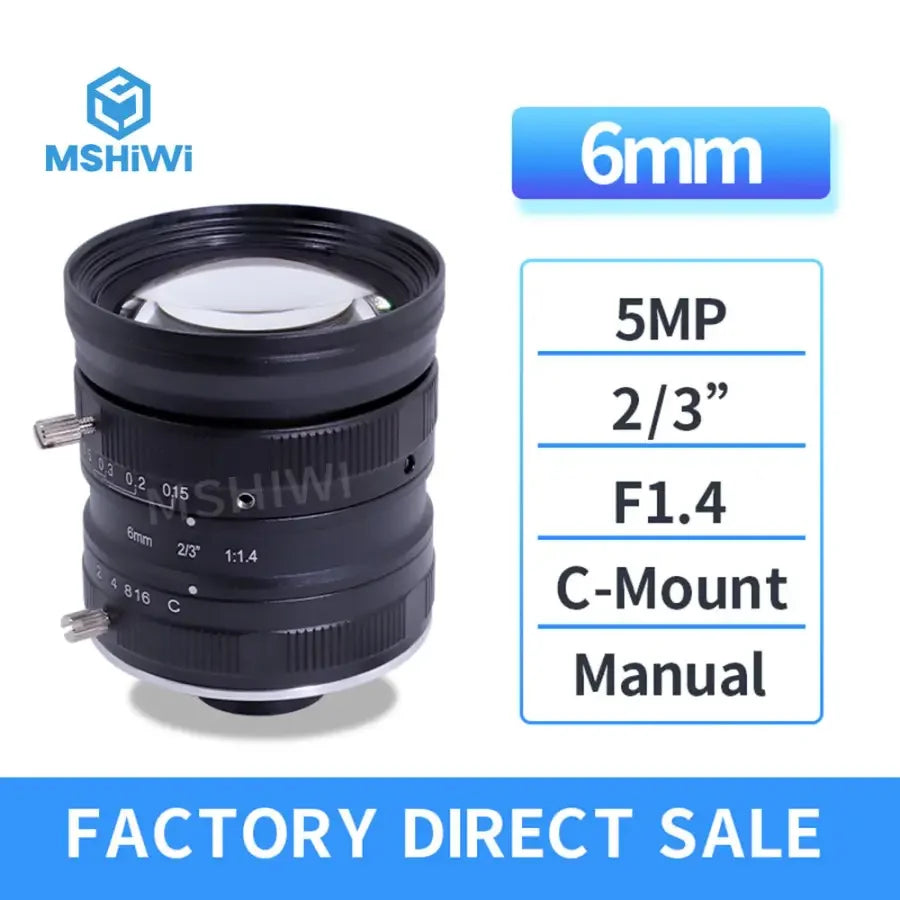 PHONEFIX 5.0MP C-mount 6mm FA lens for industrial cameras, 2/3" sensor, F1.4, ideal for machine vision applications.