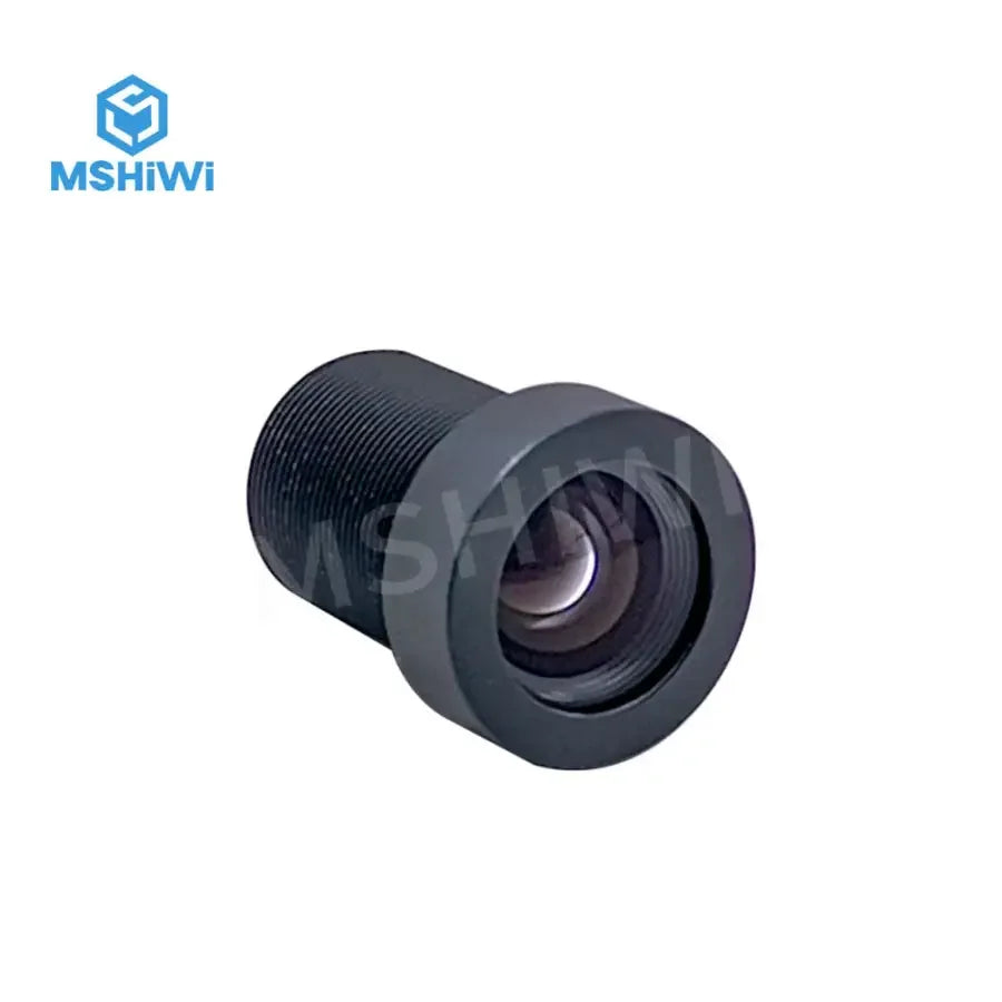 PHONEFIX 5.0MP F2.8 12mm fixed focus machine vision lens for 1/1.8" sensor, shown with lens details and mounting hardware.