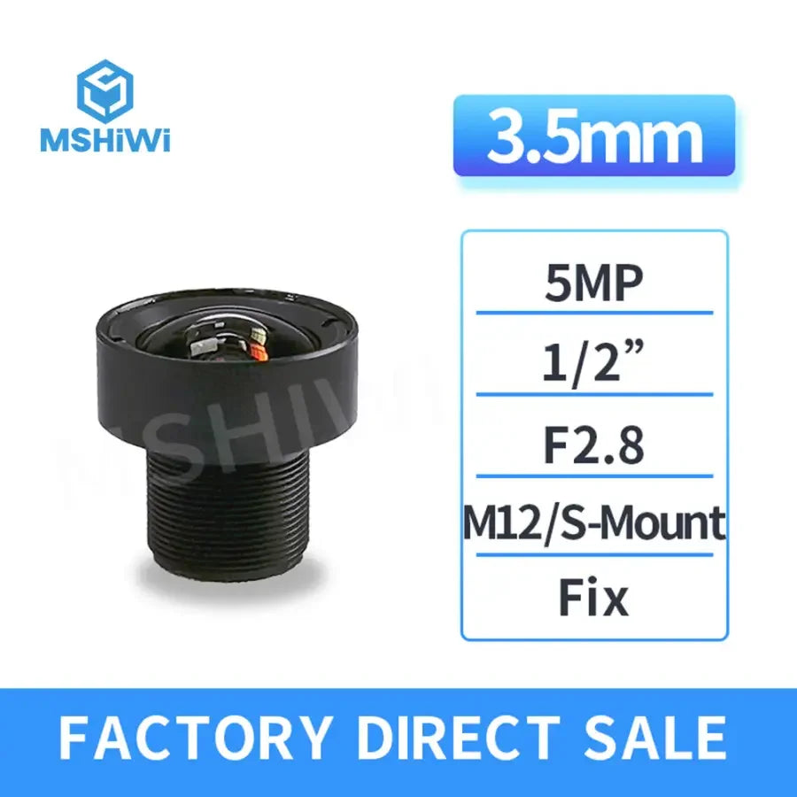 PhoneFix 5.0MP M12/S-mount 3.5mm F2.8 fixed machine vision lens for ITS camera, showing the lens with mounting details.