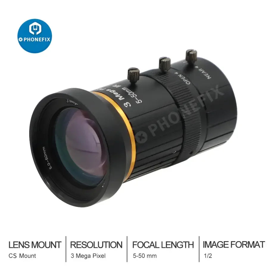 PHONEFIX 5-50mm 3.0MP varifocal machine vision lens with 1/2.7" sensor, F1.4 manual iris, CS mount for CCTV and security cameras.